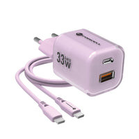 Forcell F-Energy GaN III Crystal Color USB C + USB A QC4.0 PD 33W telefoonoplader + USB C naar USB C-kabel VT-41 Paars