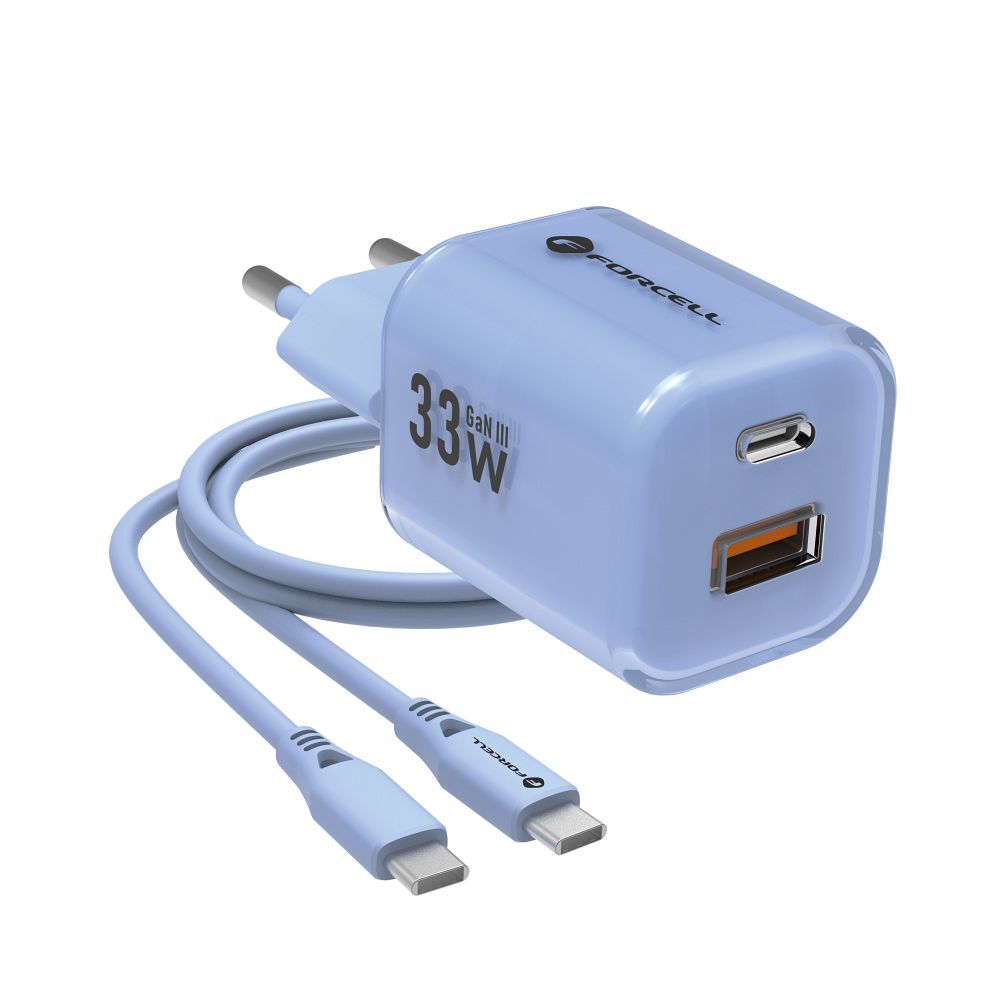 Forcell GaN oplader 33W USB-C USB-A blauw kristal